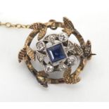 Unmarked gold sapphire and diamond brooch, 2cm in diameter, approximate weight 3.8g : For further