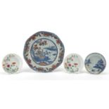 Three Chinese porcelain dishes and a plate including a pair hand painted in the famille rose palette
