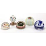 Five colourful glass paperweights, including one with a classical scene, Italian example with two