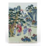 Rectangular Chinese porcelain panel, finely hand painted in the famille rose palette with a seated