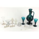 19th century and later glassware including green carafe with seal, pair of cut glass salt and