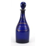 Georgian Bristol Blue glass brandy decanter with gilt decoration, 25cm high : For further