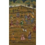 18th century Indian Mughal watercolour on silk, depicting figures in a desert, inscribed verso,