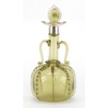 Arts & Crafts green glass decanter with twin handles and silver mounts, indistinct hallmarks, 29.5cm