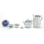 18th century Worcester porcelain including tea bowl and saucer, coffee pot and a teapot, crescent