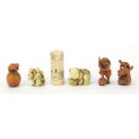 Four Japanese Netsuke's, Chinese bone dice shaker and group of three young boys, some with character