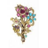 Unmarked gold bouquet brooch, set with ruby's, diamonds, turquoise, citrine and amethyst, housed