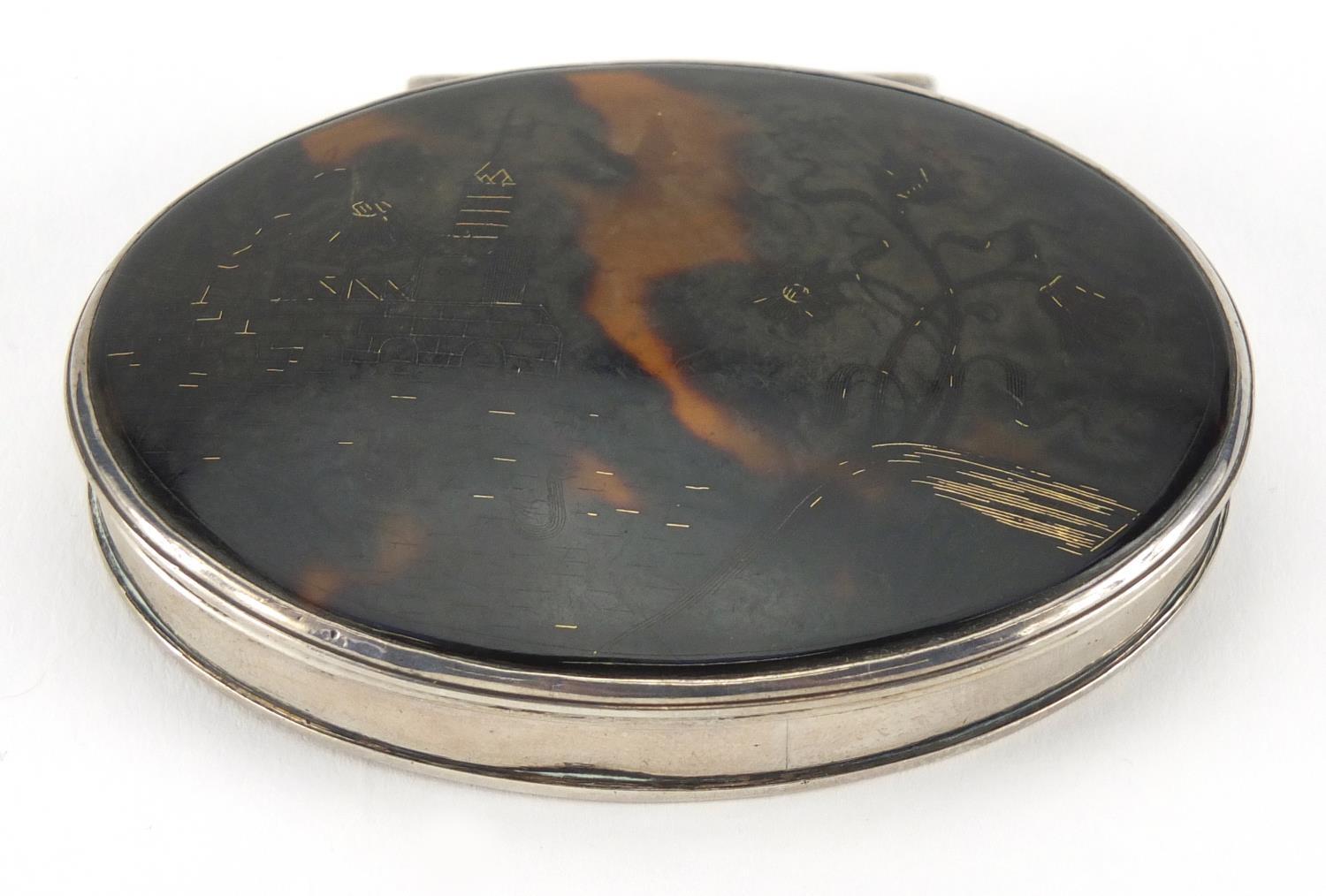 18th century oval silver and tortoiseshell snuff box, the hinged tortoiseshell gold pique work lid