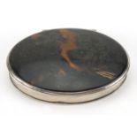 18th century oval silver and tortoiseshell snuff box, the hinged tortoiseshell gold pique work lid