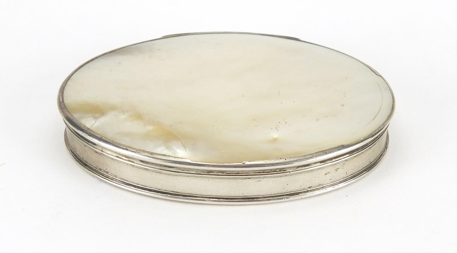 18th century oval silver and mother of pearl snuff box, 8.5cm wide : For further Condition Reports