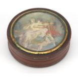 18th century circular lacquer snuff box with gold coloured mount, metal studwork and tortoiseshell