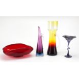 Art glassware including a red glass bowl, purple Sommerso jug and stylised signed vase, the