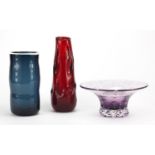 Two Whitefriars glass vases, together with a purple bowl with flared rim, the vases including a