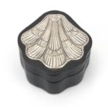 Silver topped leather jewellery box in the form of a shell, 11cm wide : For further Condition