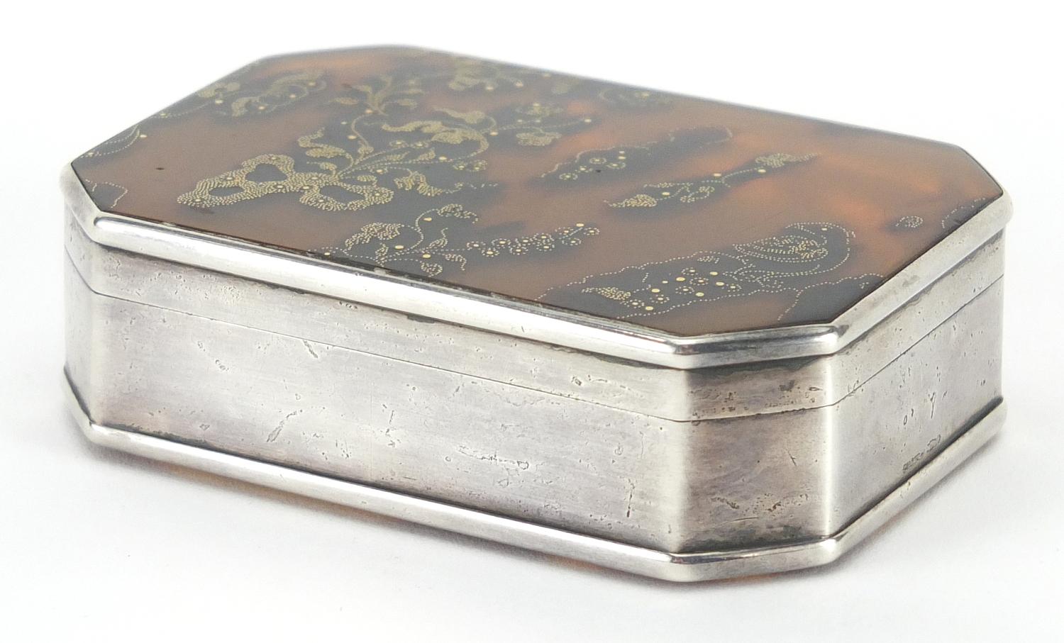 18th century rectangular silver, tortoiseshell and gold pique work snuff box, decorated with - Image 3 of 7