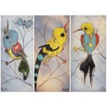 French art pottery wall tiles by Vallauris, each hand painted with a stylised bird and with initials