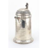 Victorian silver stein with hinged lid and seated spaniel knop by Elkington & Co, engraved