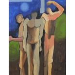 Portrait of three nude males, Irish school gouache, bearing a monogram KN, framed, 34cm x 26cm : For