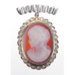 9ct gold and diamond cameo maiden head pendant brooch, 3.5cm in length, approximate weight 8.2g :