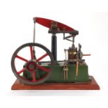 Scratch built Stuart Beam engine, on wooden plinth base, 30.5cm high x 38cm wide : For extra