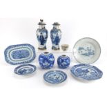 Predominantly Chinese blue and white porcelain including two Prunus ginger jars, 18th century plates