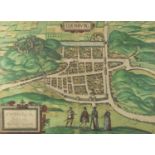 16th century Braun & Hogenberg engraved town plan of Edinburgh, hand coloured, framed, 47cm x 36cm :