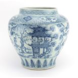 Large Chinese blue and white porcelain jar, hand painted with a figures in a pagoda and warriors