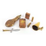 Military interest copper and brass powder flask and trench items including lighters and matchbox