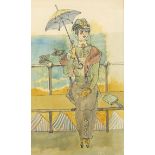 Manner of Mary Pemsel - Female with a parasol before the sea, ink and watercolour, inscribed