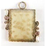 Chinese unmarked gold pendant with jade panels, set with two freshwater pearls and two pink