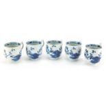 Five 18th Century Worcester blue and white porcelain cups, each hand painted with the Prunus Root