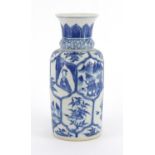 Chinese blue and white porcelain vase, hand painted with panels of figures, lucky items and flowers,