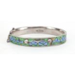 Art Nouveau silver and enamel bangle by James Fenton, 6.5cm x 5.5cm , approximate weight 14.5g : For