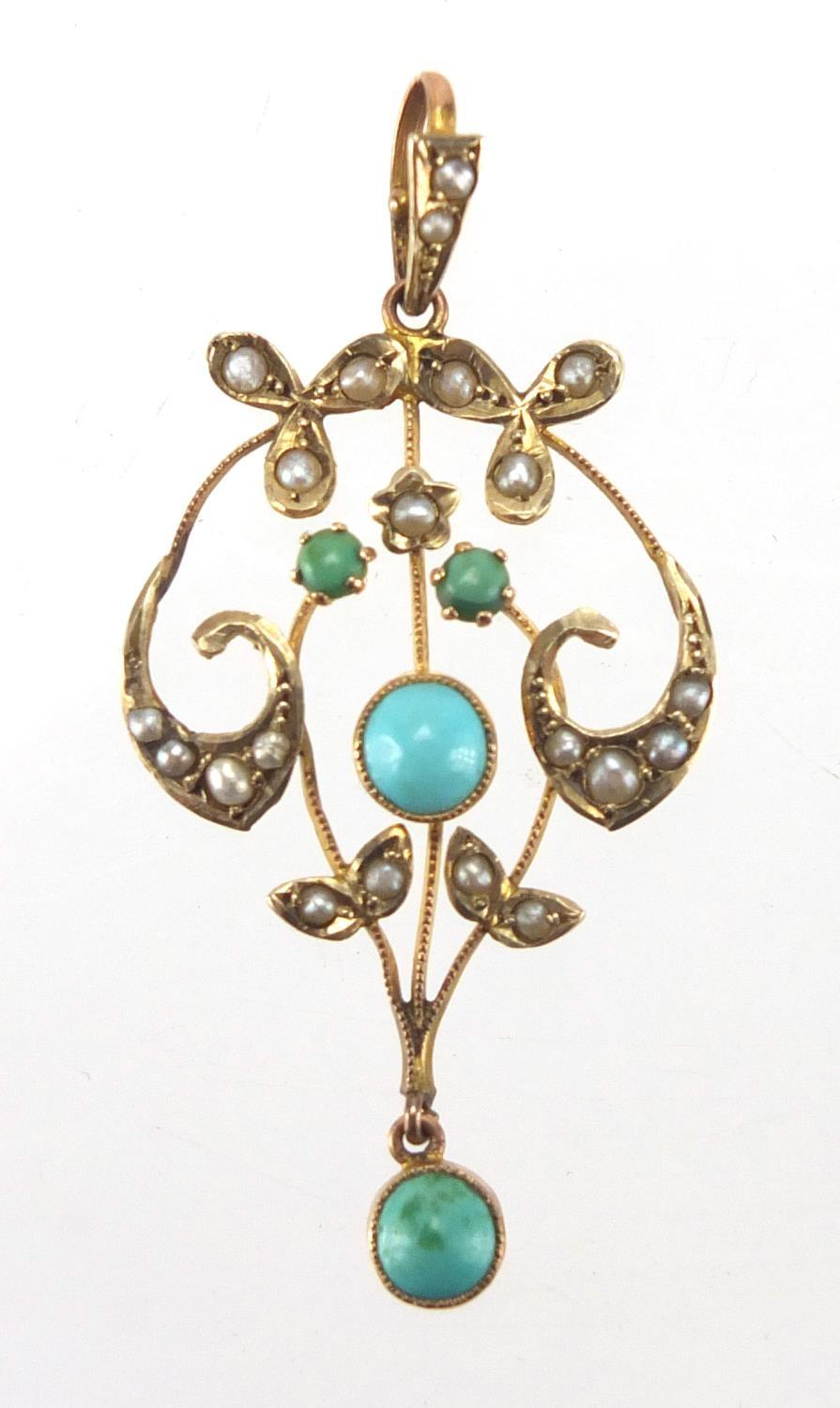 Art Nouveau 9ct gold turquoise and seed pearl pendant, 4.5cm in length, approximate weight 2.2g :