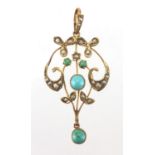Art Nouveau 9ct gold turquoise and seed pearl pendant, 4.5cm in length, approximate weight 2.2g :