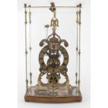 Brass skeleton clock with fusee, housed under a Perspex brass case on wooden stand, overall 50cm