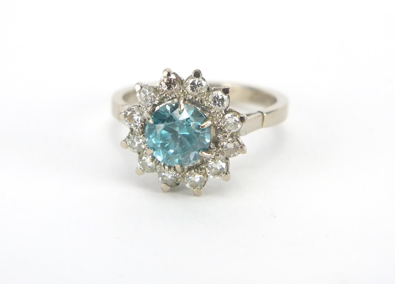 18ct white gold blue stone and diamond flower head ring, size L, approximate weight 5.0g : For extra