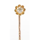 Unmarked gold diamond solitaire stick pin, 6cm in length, approximate weight 1.8g : For extra