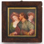 19th century square hand painted portrait miniature of three classical figures, mounted and