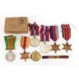 British Military World War I Victory medal and six World War II medals, with box of issue