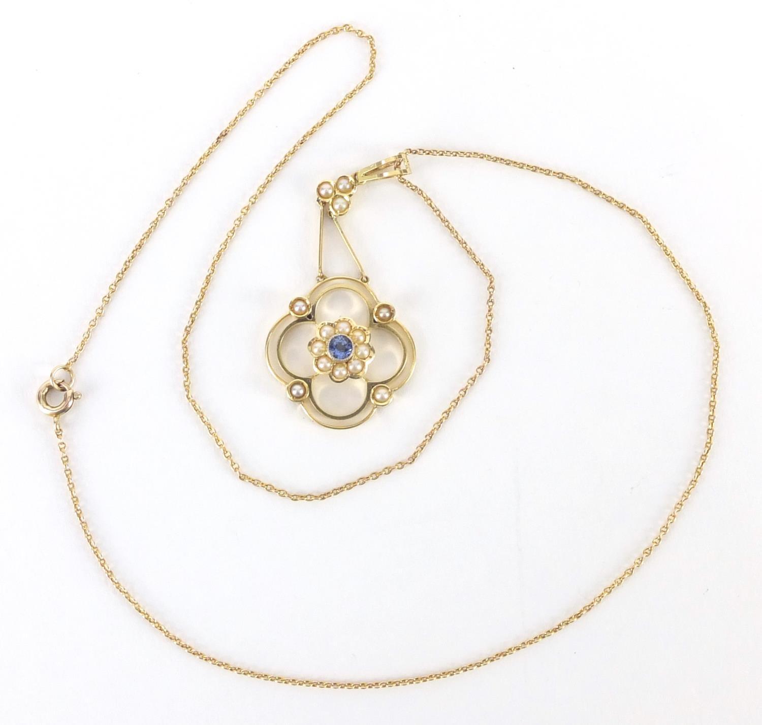 Art Nouveau 15ct gold seed pearl and blue stone pendant, on a 9ct gold necklace, the pendant 4.5cm - Image 4 of 4