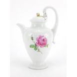 19th century Meissen porcelain coffee pot, with swan neck handle, hand painted with roses, blue