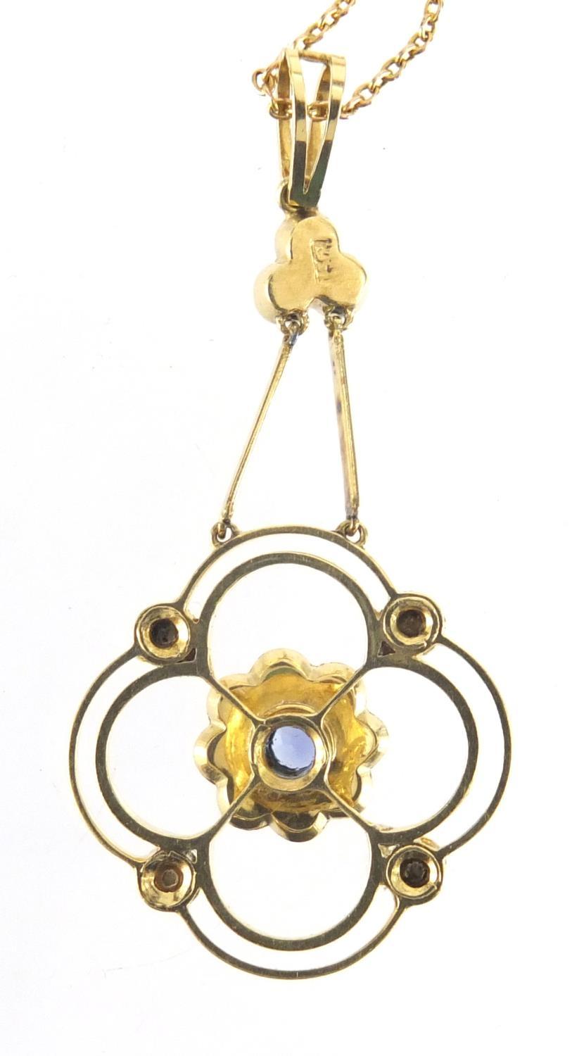 Art Nouveau 15ct gold seed pearl and blue stone pendant, on a 9ct gold necklace, the pendant 4.5cm - Image 2 of 4