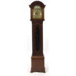 Mahogany long case clock with Westminster chine, brass dial and silvered chapter ring, 184cm