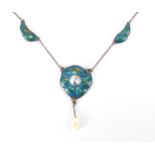 Art Nouveau silver and enamel three section pendant on chain with pearl drop, 39cm in length,