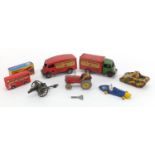 Vintage die cast vehicles including Tri-ang Minic fie engine and transport express truck, Matchbox