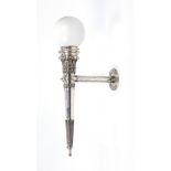 Good quality silver plated flaming torch wall light, with white opaque glass shade, 85cm high :