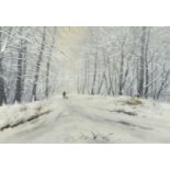 Andrew Dandridge - A Winter Walk, heightened watercolour and gouache, label verso, mounted and