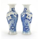 Pair of Chinese blue and white porcelain baluster vases, hand painted with birds of Paradise and