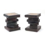 Pair of stack of book design wooden occasional tables, each 40cm high : For extra condition